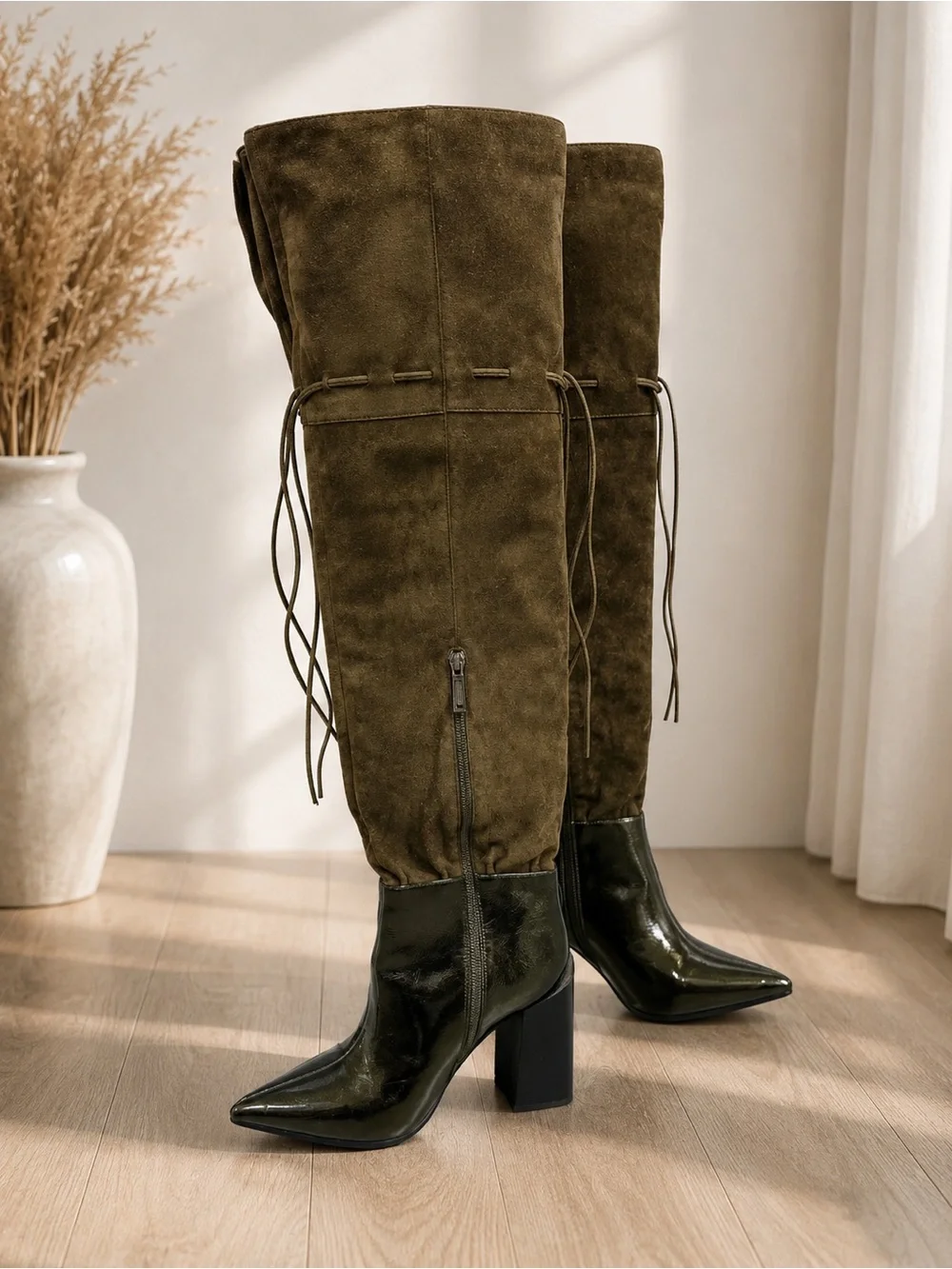 Graciana Women’s Over Knee Boots Olive Suede Patent Leather EU 40 US 9.5